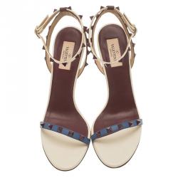 Pre Owned Valentino Tri Color Leather Rockstud Ankle Strap Sandals Size 39.5