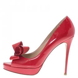 Pre Owned Valentino Red Patent Couture Bow Peep Toe Platform Pumps Size 39.5