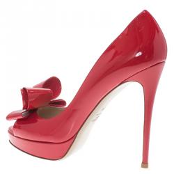 Pre Owned Valentino Red Patent Couture Bow Peep Toe Platform Pumps Size 39.5