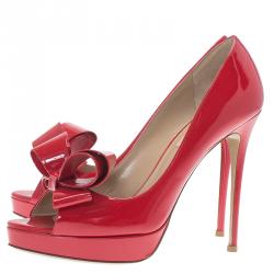 Pre Owned Valentino Red Patent Couture Bow Peep Toe Platform Pumps Size 39.5