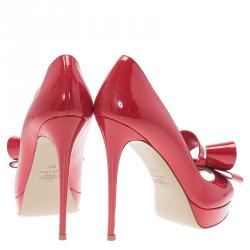 Pre Owned Valentino Red Patent Couture Bow Peep Toe Platform Pumps Size 39.5