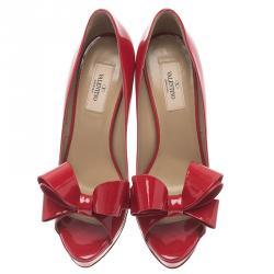 Pre Owned Valentino Red Patent Couture Bow Peep Toe Platform Pumps Size 39.5