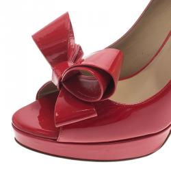 Pre Owned Valentino Red Patent Couture Bow Peep Toe Platform Pumps Size 39.5