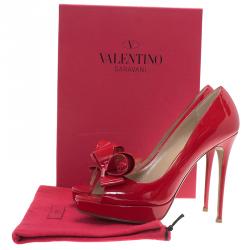 Pre Owned Valentino Red Patent Couture Bow Peep Toe Platform Pumps Size 39.5