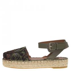 Pre Owned Valentino Olive Embroidered And Leather Ankle Strap Espadrille Sandals Size 39