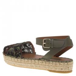 Pre Owned Valentino Olive Embroidered And Leather Ankle Strap Espadrille Sandals Size 39