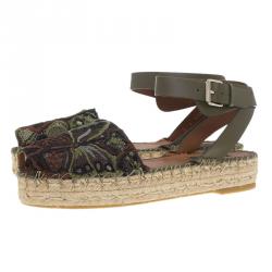 Pre Owned Valentino Olive Embroidered And Leather Ankle Strap Espadrille Sandals Size 39