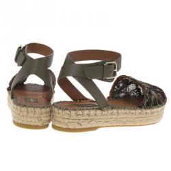 Pre Owned Valentino Olive Embroidered And Leather Ankle Strap Espadrille Sandals Size 39