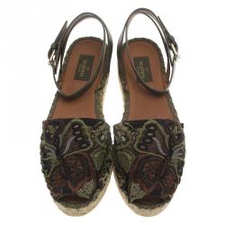Pre Owned Valentino Olive Embroidered And Leather Ankle Strap Espadrille Sandals Size 39