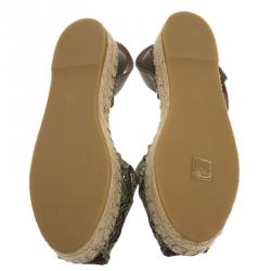 Pre Owned Valentino Olive Embroidered And Leather Ankle Strap Espadrille Sandals Size 39