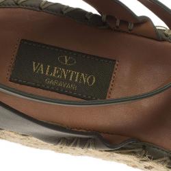 Pre Owned Valentino Olive Embroidered And Leather Ankle Strap Espadrille Sandals Size 39
