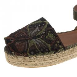 Pre Owned Valentino Olive Embroidered And Leather Ankle Strap Espadrille Sandals Size 39
