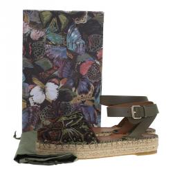 Pre Owned Valentino Olive Embroidered And Leather Ankle Strap Espadrille Sandals Size 39