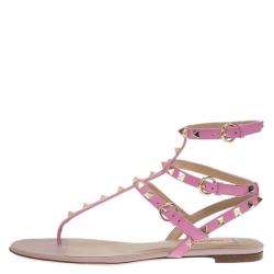 Pre Owned Valentino Pink Leather Rockstud Thong Gladiator Sandals Size 39.5