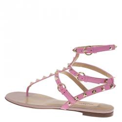 Pre Owned Valentino Pink Leather Rockstud Thong Gladiator Sandals Size 39.5
