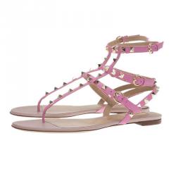 Pre Owned Valentino Pink Leather Rockstud Thong Gladiator Sandals Size 39.5