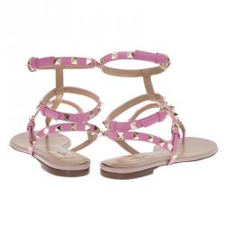 Pre Owned Valentino Pink Leather Rockstud Thong Gladiator Sandals Size 39.5