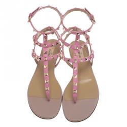 Pre Owned Valentino Pink Leather Rockstud Thong Gladiator Sandals Size 39.5