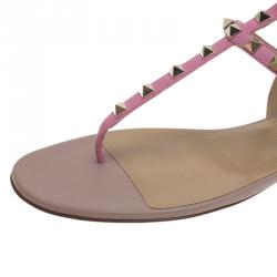 Pre Owned Valentino Pink Leather Rockstud Thong Gladiator Sandals Size 39.5