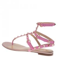 Pre Owned Valentino Pink Leather Rockstud Thong Gladiator Sandals Size 40