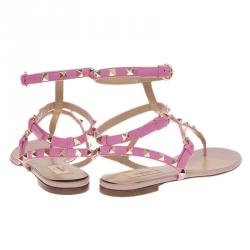 Pre Owned Valentino Pink Leather Rockstud Thong Gladiator Sandals Size 40