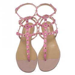 Pre Owned Valentino Pink Leather Rockstud Thong Gladiator Sandals Size 40