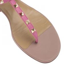 Pre Owned Valentino Pink Leather Rockstud Thong Gladiator Sandals Size 40