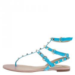 Pre Owned Valentino Blue Leather Rockstud Thong Gladiator Sandals Size 39.5