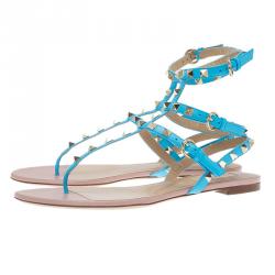 Pre Owned Valentino Blue Leather Rockstud Thong Gladiator Sandals Size 39.5