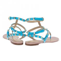 Pre Owned Valentino Blue Leather Rockstud Thong Gladiator Sandals Size 39.5
