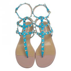Pre Owned Valentino Blue Leather Rockstud Thong Gladiator Sandals Size 39.5