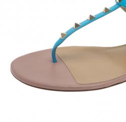 Pre Owned Valentino Blue Leather Rockstud Thong Gladiator Sandals Size 39.5