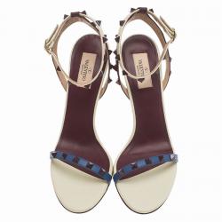 Pre Owned Valentino Tri Color Leather Rockstud Ankle Strap Sandals Size 40