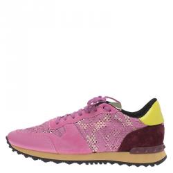 Pre Owned Valentino Pink Leather and Macramé Lace Sneakers Size 41