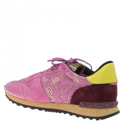 Pre Owned Valentino Pink Leather and Macramé Lace Sneakers Size 41