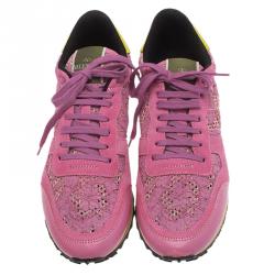 Pre Owned Valentino Pink Leather and Macramé Lace Sneakers Size 41