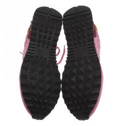 Pre Owned Valentino Pink Leather and Macramé Lace Sneakers Size 41