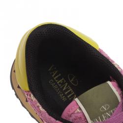 Pre Owned Valentino Pink Leather and Macramé Lace Sneakers Size 41