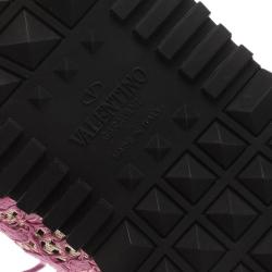 Pre Owned Valentino Pink Leather and Macramé Lace Sneakers Size 41