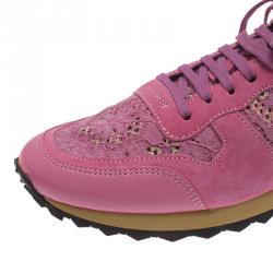 Pre Owned Valentino Pink Leather and Macramé Lace Sneakers Size 41