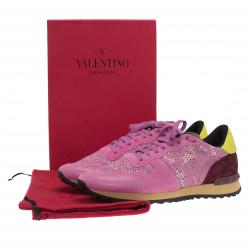 Pre Owned Valentino Pink Leather and Macramé Lace Sneakers Size 41