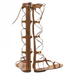 Pre Owned Valentino Brown Leather Rockstud Gladiator Sandals Size 40