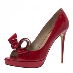 Pre Owned Valentino Red Patent Couture Bow Peep Toe Platform Pumps Size 40.5