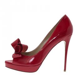 Pre Owned Valentino Red Patent Couture Bow Peep Toe Platform Pumps Size 40.5