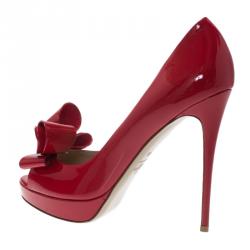 Pre Owned Valentino Red Patent Couture Bow Peep Toe Platform Pumps Size 40.5