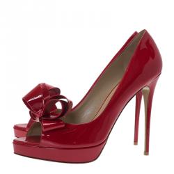 Pre Owned Valentino Red Patent Couture Bow Peep Toe Platform Pumps Size 40.5