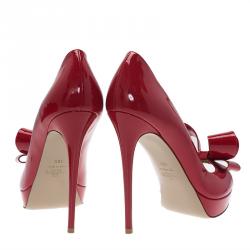 Pre Owned Valentino Red Patent Couture Bow Peep Toe Platform Pumps Size 40.5