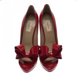 Pre Owned Valentino Red Patent Couture Bow Peep Toe Platform Pumps Size 40.5