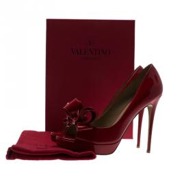 Pre Owned Valentino Red Patent Couture Bow Peep Toe Platform Pumps Size 40.5