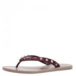 Pre Owned Valentino Burgundy Rockstud Satin Thong Sandals Size 39